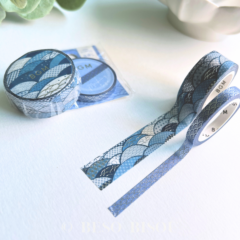 BGM - Japanese Blue Wave Silver-Foiled Washi Tapes | 15 mm or 5 mm