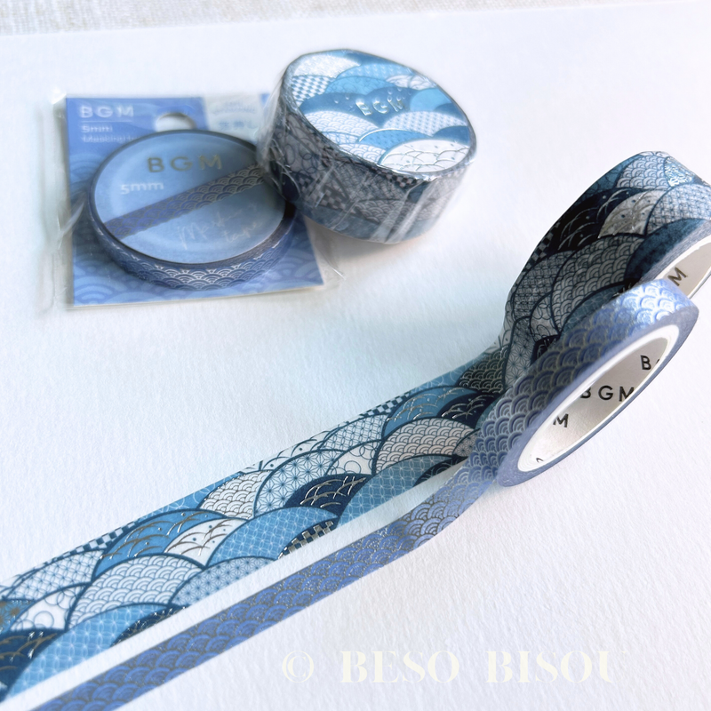 BGM - Japanese Blue Wave Silver-Foiled Washi Tapes | 15 mm or 5 mm