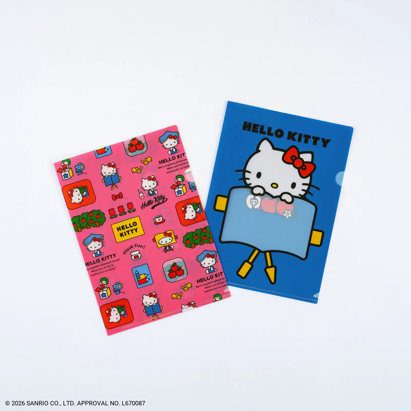 Two Hello Kitty plastic folders on a white background, one with a pink patterned cover and the other with a blue cover featuring Hello Kitty in a robot costume.